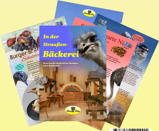 Im nächsten  Buch backen wir was  mit Fleisch. Wir sind doch Vegitarier. Das kann ich so nicht stehen lassen. Was soll das heißen, du Sträußin? Fang nicht an, zu gendern, ist nur was für Menschen. Strauß ist Strauß Schluss aus !! Back doch mal Gender-Brötchen! die Brötchin der Brötcher das Brötchen Hirn einschalten! Welches Hirn?? Straußen-Verlag In der Straußen-Bäckerei  Wir verarbeiten die äußerste Randschicht des  Korns mit. Ausmahlungsgrad 85%. Hat mehr Eiweiß, Vitamine  und Mineralstoffe.  Unser Ruchmehl, für euch „rau“ oder „grob“- für uns Normalmehl V-Nr. 871.022.109 Schweizer  Ruchbrot nach Straußen-Art Seite 19 Zutaten Zubereitung Backvorgang 1000g Ruchmehl, 50g Weizensauer trocken, 15g Weizenkleber, 5g Lecithin, 15g Holzofenbackmalz, 25g Salz, 15g Trockenhefe, 750ml Wasser Zuerst bereiten wir ein Mehlkochstück vor. Mit einem Schneebesen lösen wir 50g von dem Ruchmehl in einer kleinen Pfanne in 250 ml Wasser klumpenfrei auf. So lange bei mittlerer Hitze  rühren, bis sich eine Mehlschwitze gebildet hat. Diese nun kühl stellen. Die restlichen 950g Ruchmehl mit den übrigen trockenen Zutaten intensiv von Hand mit einem Schneebesen mischen. In der Knetmaschine unter Zugabe des Kochstücks und des rest- lichen 500 ml warmen Wassers zu einem glatten Teig kneten. Von Hand zu einer Kugel formen und abgedeckt in  einer Schüssel 30 Min. ruhen lassen. Jetzt in der Schüssel von 4 Ecken zur Mitte hochziehen und falten. Diesen  Vorgang, 30 Min. Ruhe und dann falten, noch einmal wiederholen. Nach weiteren 30 Min. Ruhe zu einem Brotlaib  formen und mit der Naht nach oben in einen Gärkorb legen. Für 45 Min. im Gärschrank bei ca 32° gehen lassen.  Den Backofen bei Unter- und Oberhitze auf 240° vorheizen. Den Brotlaib auf ein Backblech stürzen und auf die zweite Schiene in den Backofen schieben. Den Ofen mit 30 ml Wasser schwaden und 15 Min. anbacken. 20 Min. bei 210°, 10 Min. bei 200°, 10 Min. bei 190° und 10 Min. bei 180°. So simulieren wir einen Backvorgang im Steinofen. Teig falten Der Film „Schalotte“ Seite 16 Seid ihr Zwillinge oder macht das der Rotwein ? Burger-Brötchen Zutaten Zubereitung Backvorgang 500g Weizenmehl 550 oder 405, 15g Weizensauer trocken, 8g Backmalz, 5g Lecithin, 9g Trockenhefe, 9g Salz, 50g Butter, 1 Ei, 2g Chiliflocken,  250ml warme Milch, etwas schwarzer Pfeffer, 5 Schalotten, Zucker zum Karamelisieren und Rotwein zum Ablöschen   Die Schalotten fein hacken, in einer Pfanne dünsten und mit Zucker        karamelisieren. Jetzt mit Rotwein ablöschen und kalt stellen. Die     trockenen Zutaten intensiv mischen, die Butter in Flocken und das       Ei jetzt in die Knetmaschine zugeben. Die abgekühlten Schalotten       und die warme Milch nach und nach untermischen, bis ein glatter,     nicht klebriger Teig entsteht. Den Teigling 20 Min. abgedeckt ruhen                           lassen, anschließend zu 10 gleich schweren Brötchen                                   formen. Auf einem Backblech oder im Gärschrank                                   1 Std. bei 32° gehen lassen. Vor dem Einschießen                                        die Teiglinge mit Kaffeesahne einpinseln.                 Den Backofen bei Unter- und Oberhitze auf 200° vorheizen. Die Teiglinge auf die mittlere Schiene schieben (einschießen), mit 30ml schwaden und 24 Min. backen. Kleine Nachhilfe  in Bäckisch für      Straußen M McStrauß Straußens zarte Nüsse dunkel, süßlich und nussig Seite 8 Pfui, nicht was du denkst! Zutaten  Zubereitung Backvorgang 125g Dinkelmehl 1050, 125g Dinkel Vollkorn, 5g Salz, 5g Trockenhefe, 9g Backmalz, 3g Lecithin, 155ml Wasser, 1 TL Zuckerrübensirup, 50g gemahlene Haselnüsse   Alle Zutaten in der Knetmaschine ca. 8 Min. kneten, aus der Schüssel           nehmen und von Hand unter Zugabe von Mehl zu einer glatten,         nicht mehr klebenden Teigrolle formen. Diese in 6 gleiche Stücke teilen und zu Brötchen formen (schleifen). Optimal in einem Gärrahmen bei ca. 24° eine Stunde gehen lassen oder 12 - 14 Std. im Kühlschrank, dann die Hefe auf 3g reduzieren.       Den Backofen auf 200° vorheizen, die Brötchen nach Bedarf einschneiden     und mit Kondensmilch überziehen. Backblech in den Ofen schieben und   den Ofen ausschalten. 50ml kaltes Wasser in den Ofen schütten und die  Tür schnell schließen. 2 Min. warten, dann den Ofen auf 215° stellen und 20 Min backen. Auf einem Gitterrost abkühlen lassen und frisch verzehren. In der Straußen- Bäckerei Straußen-Verlag Neues aus der Backwelt der Straußen Anno Domini 2021